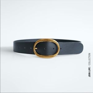 Zara Black Leather Belt with oval gold buckle